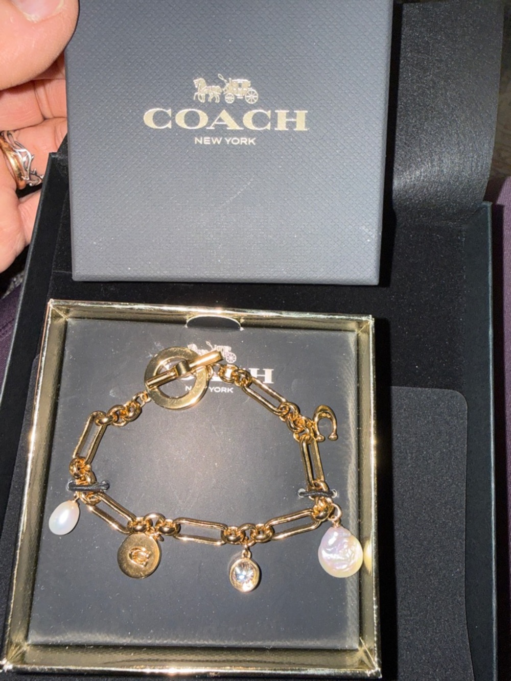 Coach with fresh water pearl Gold Charm Bracelet with Crystal Drop